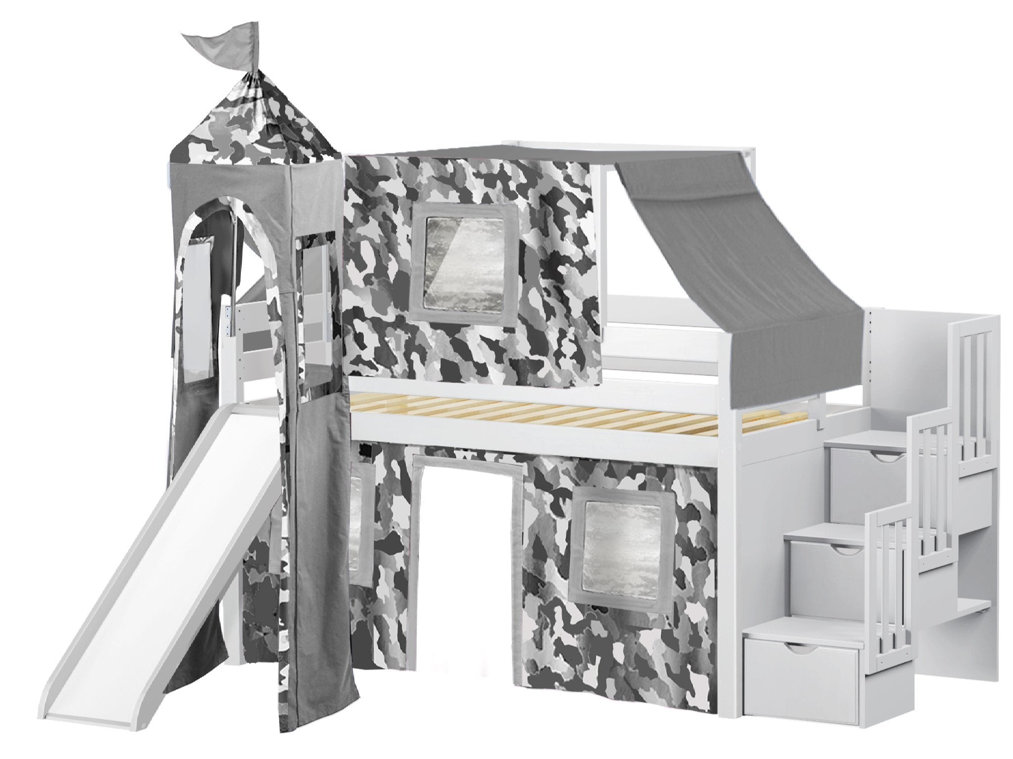 Jackpot Castle Low Loft Twin Stairway Bed with Slide Gray Camo Tent and Tower, White