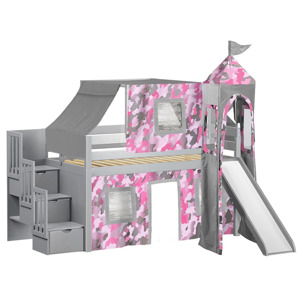 Jackpot Princess Low Loft Twin Stairway Bed with Slide Pink Camo Tent and Tower, Gray