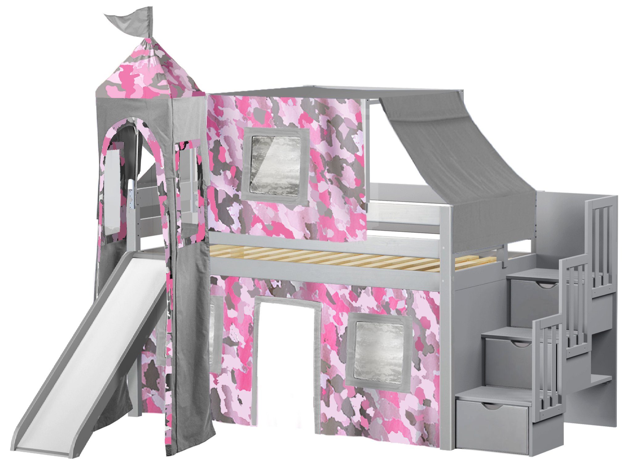 Jackpot Princess Low Loft Twin, Bunk Bed With Slide And Tent