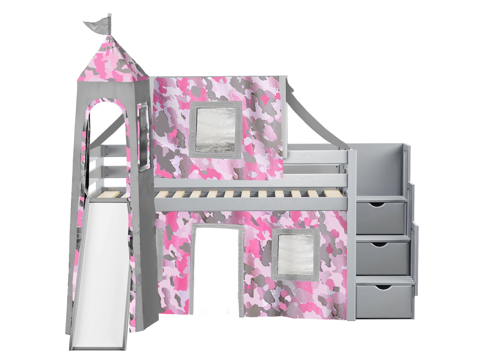 Jackpot Princess Low Loft Twin Stairway Bed with Slide Pink Camo Tent and Tower, Gray