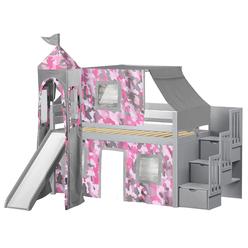 JACKPOT! Princess Low Loft Stairway Bed with Slide Pink Camo Tent and Tower, Loft Bed, Twin, Gray