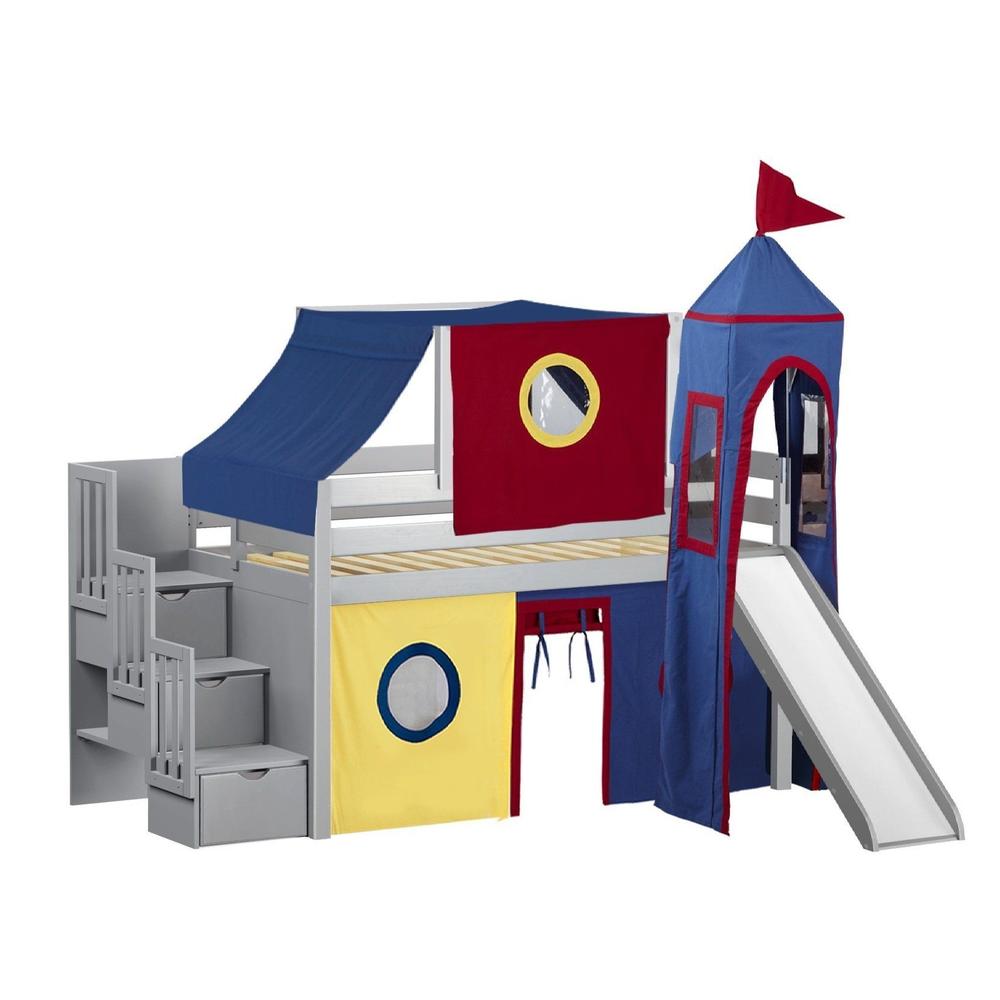 Jackpot Castle Low Loft Twin Stairway Bed with Slide Red & Blue Tent and Tower, Gray