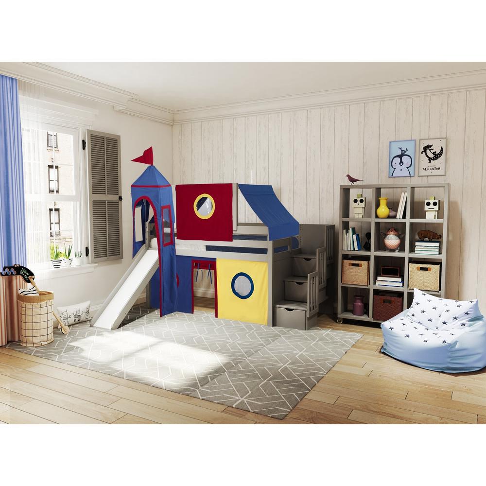 Jackpot Castle Low Loft Twin Stairway Bed with Slide Red & Blue Tent and Tower, Gray