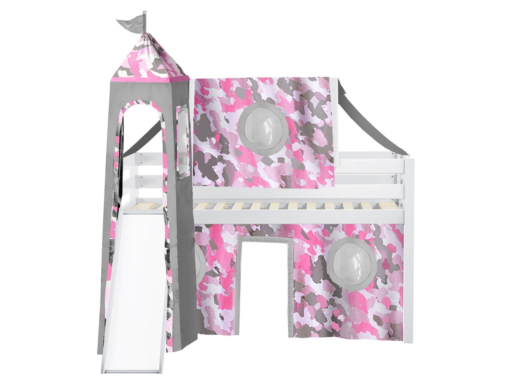 Jackpot Princess Low Loft Twin Bed with Slide Pink Camo Tent and Tower, White