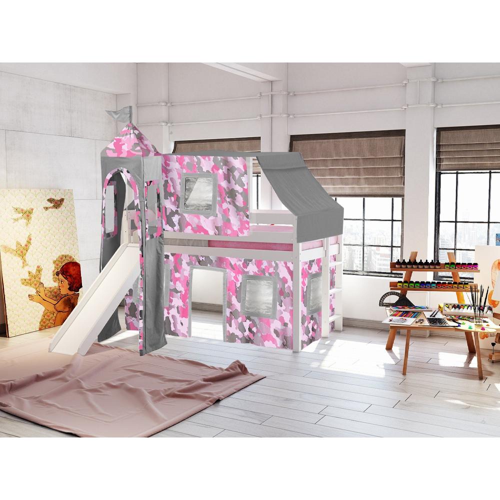 Jackpot Princess Low Loft Twin Bed with Slide Pink Camo Tent and Tower, White
