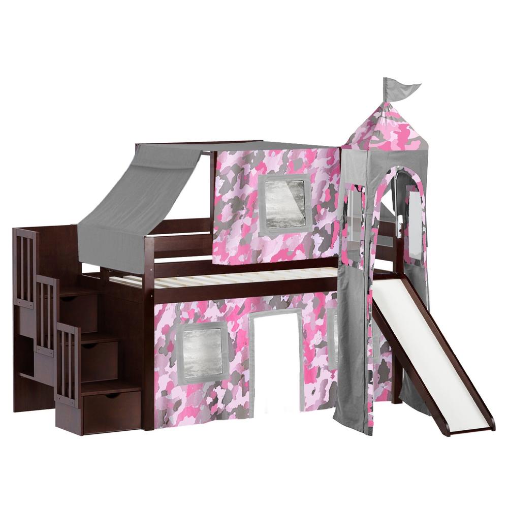 Jackpot Princess Low Loft Twin Stairway Bed with Slide Pink Camo Tent and Tower, Cherry