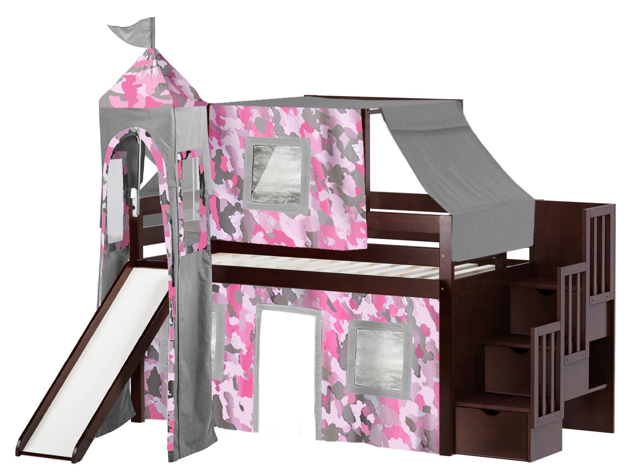Low Loft Twin Stairway Bed, Camo Bunk Bed Tent