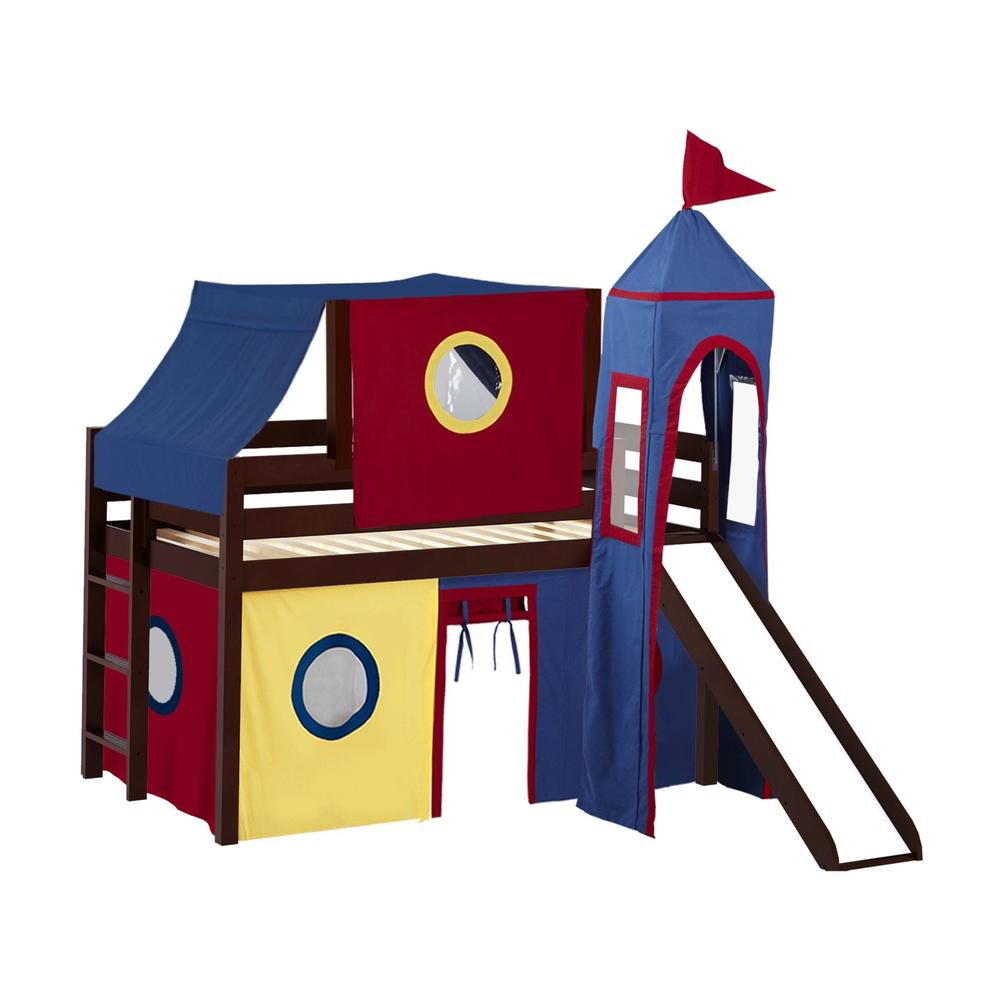 Jackpot Castle Low Loft Twin Bed with Slide Red & Blue Tent and Tower, Cherry