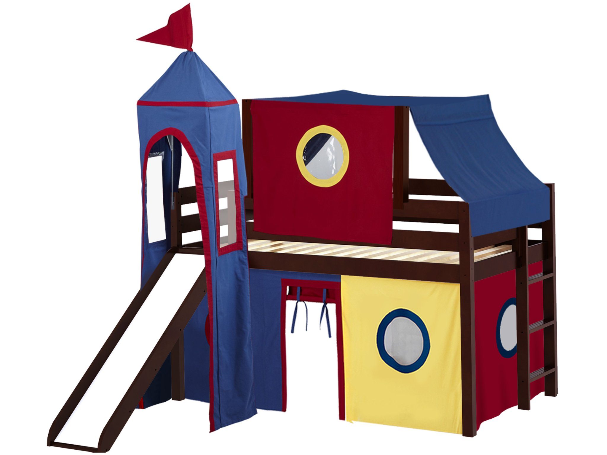 Jackpot Castle Low Loft Twin Bed with Slide Red & Blue Tent and Tower, Cherry