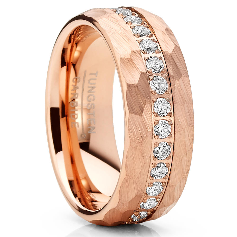 Metal Masters Co. Men Tungsten Rose Goldtone Wedding Band Hammered Eternity Ring CZ Comfort-Fit
