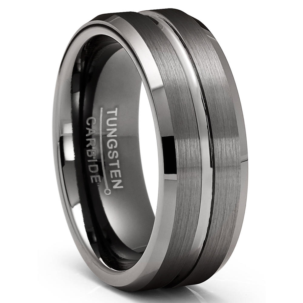 Metal Masters Co. Mens Tungsten Carbide Ring Gunmetal Wedding Band Grooved Ring 8MM Comfort-Fit