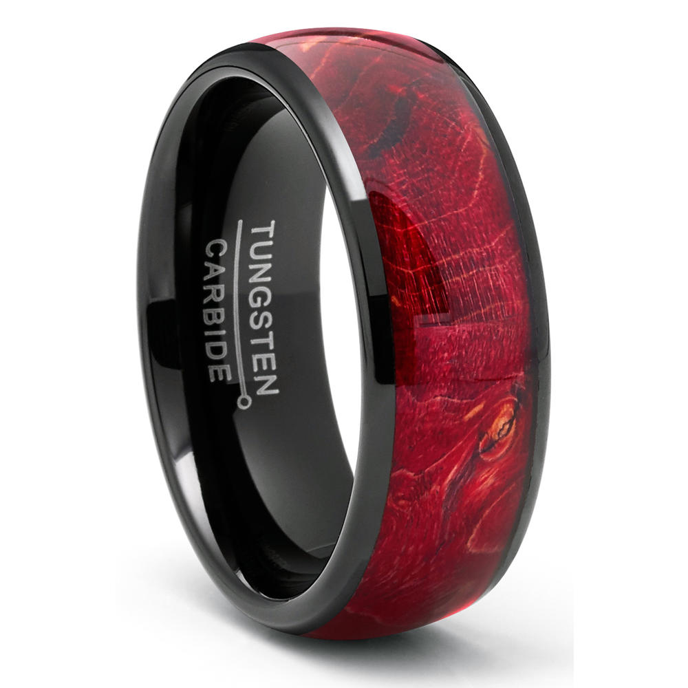Metal Masters Co. Men's Black Tungsten Ring Wedding Band Red Wood Burl 8MM Comfort-Fit
