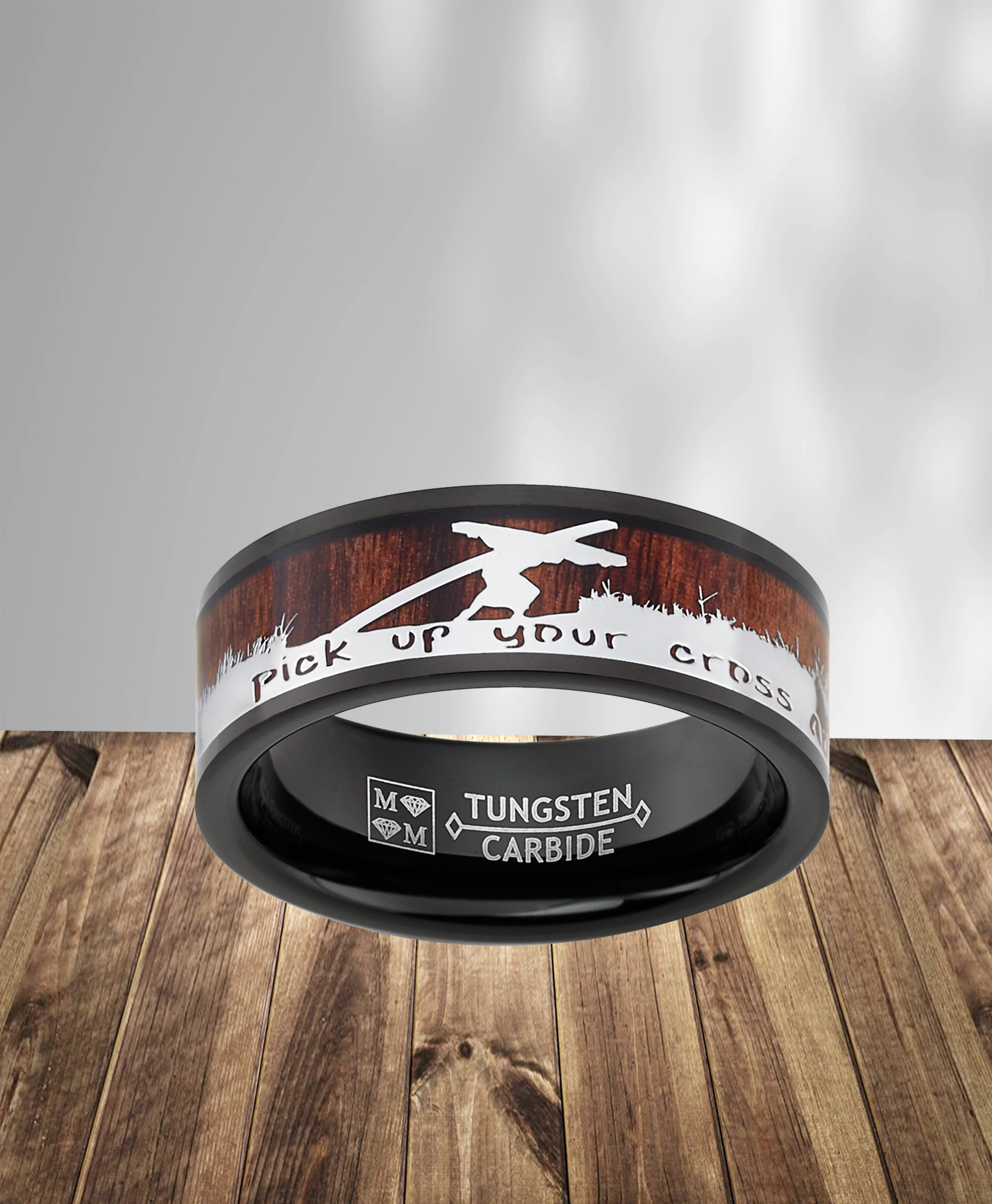 Metal Masters Co. Men's Christian Tungsten Ring Jesus Carrying Cross Bible Verse Wood Inlay 8MM