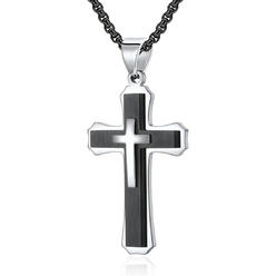 Metal Masters Co. Men's Stainless Steel Cross Pendant Black & Silvertone 24" Round Box Chain Necklace