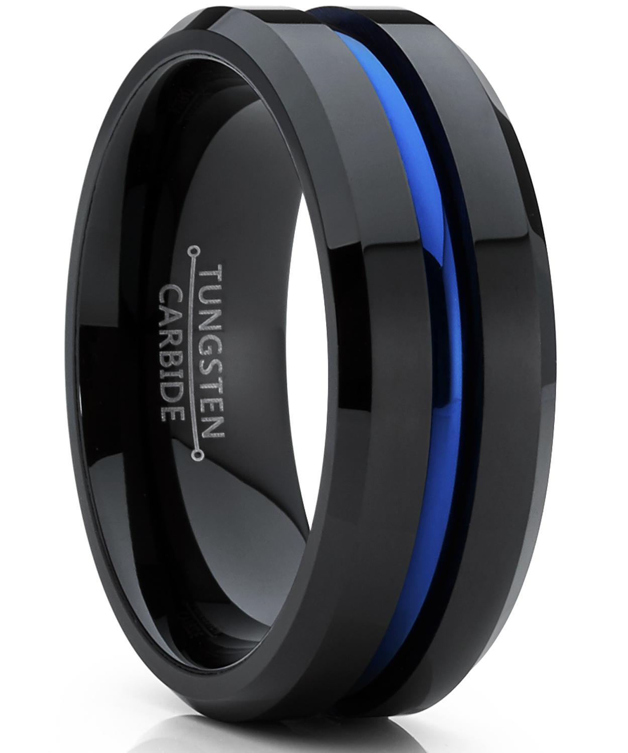 Metal Masters Co. Men's Tungsten Carbide Black and Blue Wedding band Engagement Ring with Grooved Center, Comfort Fit 8mm