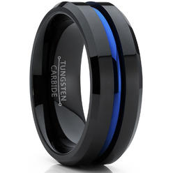 Metal Masters Co. Men's Tungsten Carbide Black and Blue Wedding band Engagement Ring with Grooved Center, Comfort Fit 8mm