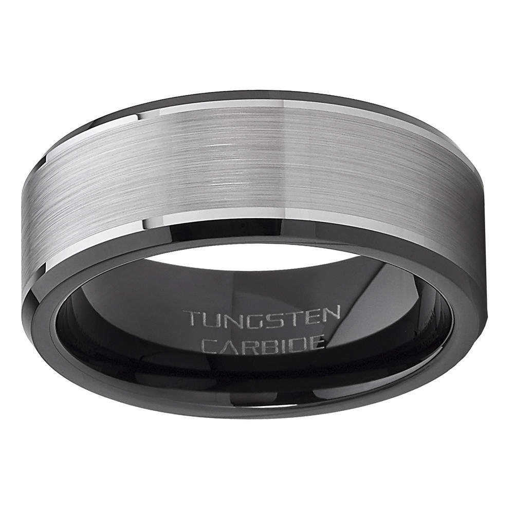 Metal Masters Co. Men's Tungsten Carbide Wedding Band Flat Top Brushed Two Tone Black Ring 8mm