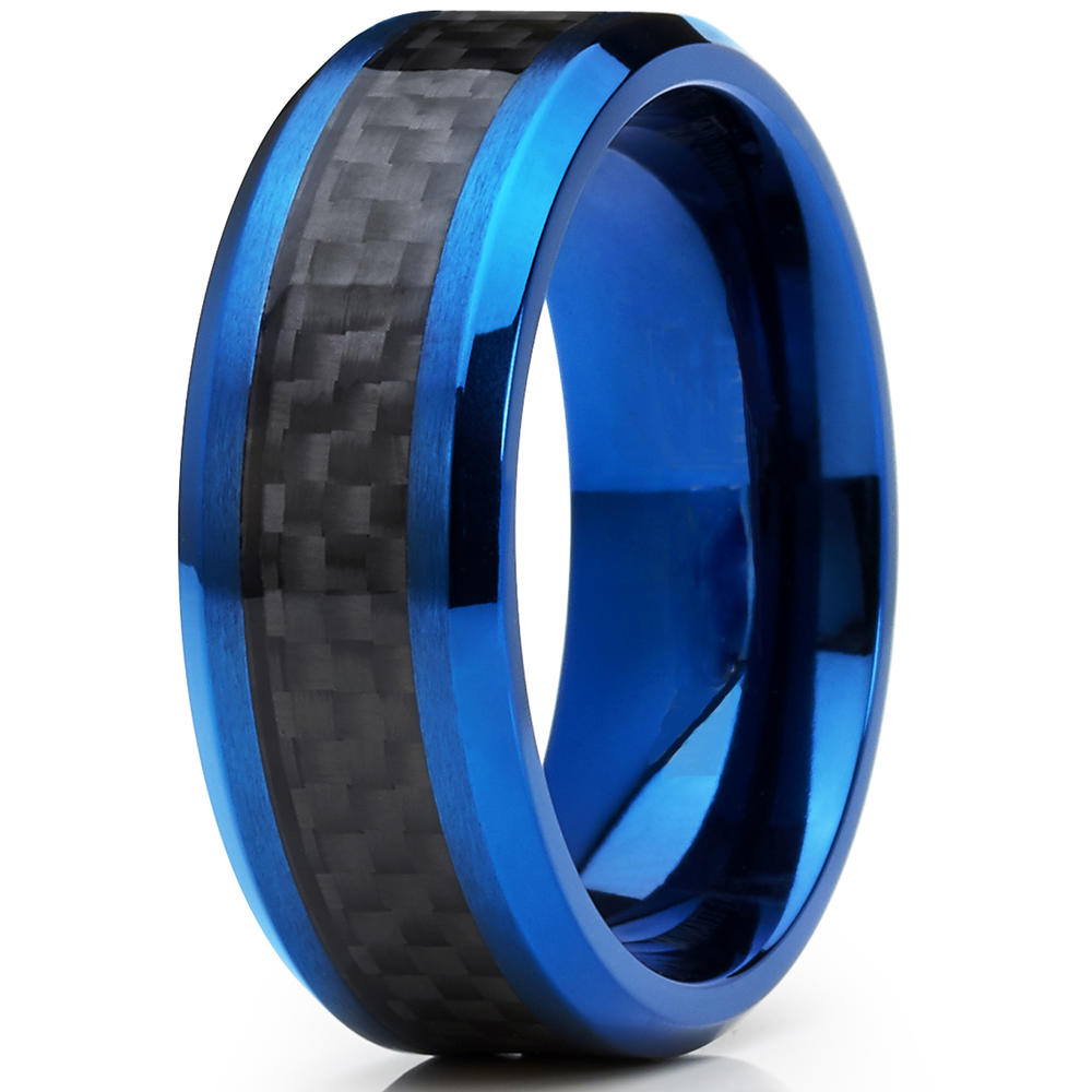 Metal Masters Co. Men's Titanium Wedding Band, Engagement Ring, Blue Ion Plating and Black Cardon Fiber Inlay 8-13