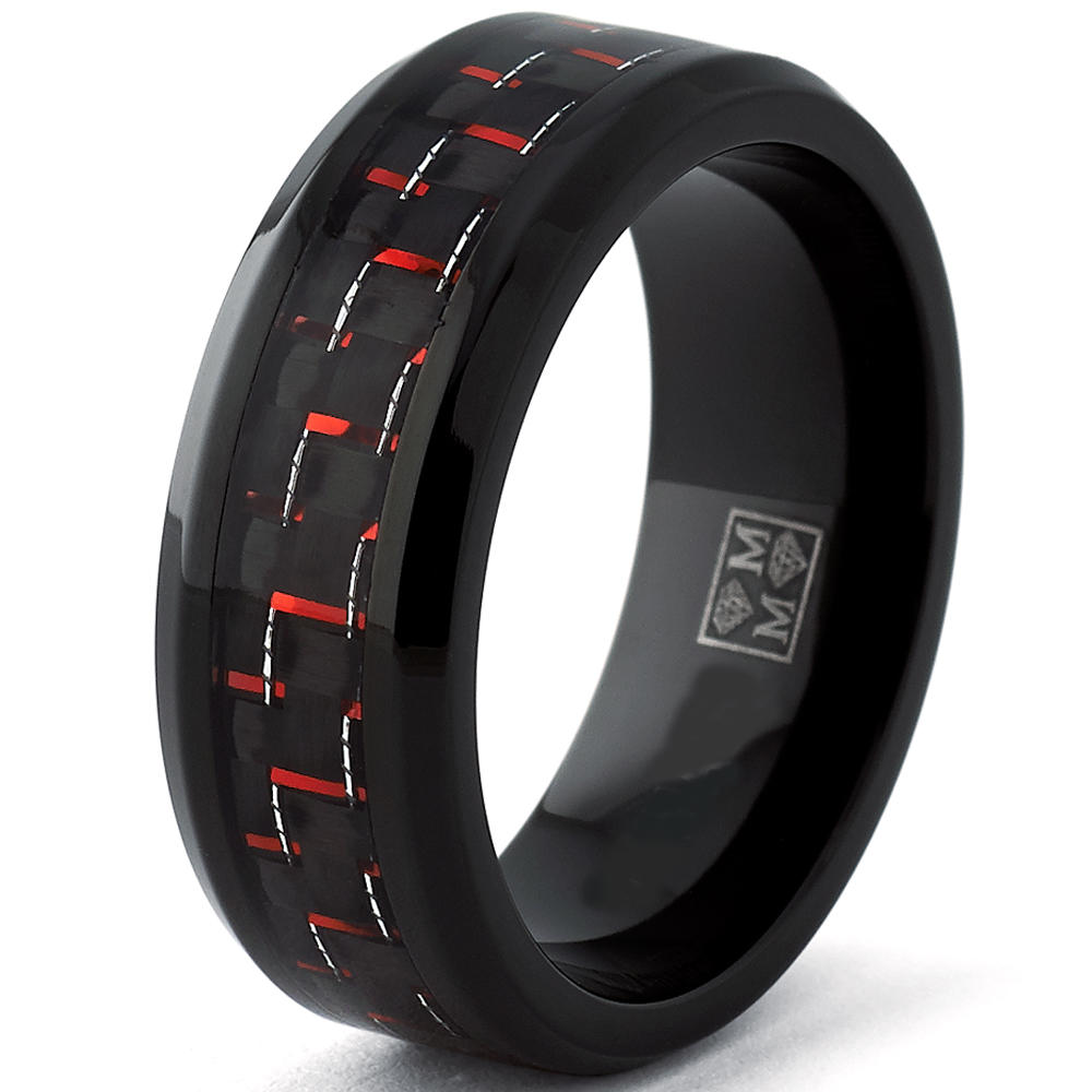 Metal Masters Co. Men's Black Titanium Wedding Band Ring with Black and Red Carbon Fiber inlay, Comfort fit 8mm, Sizes 7 to 13