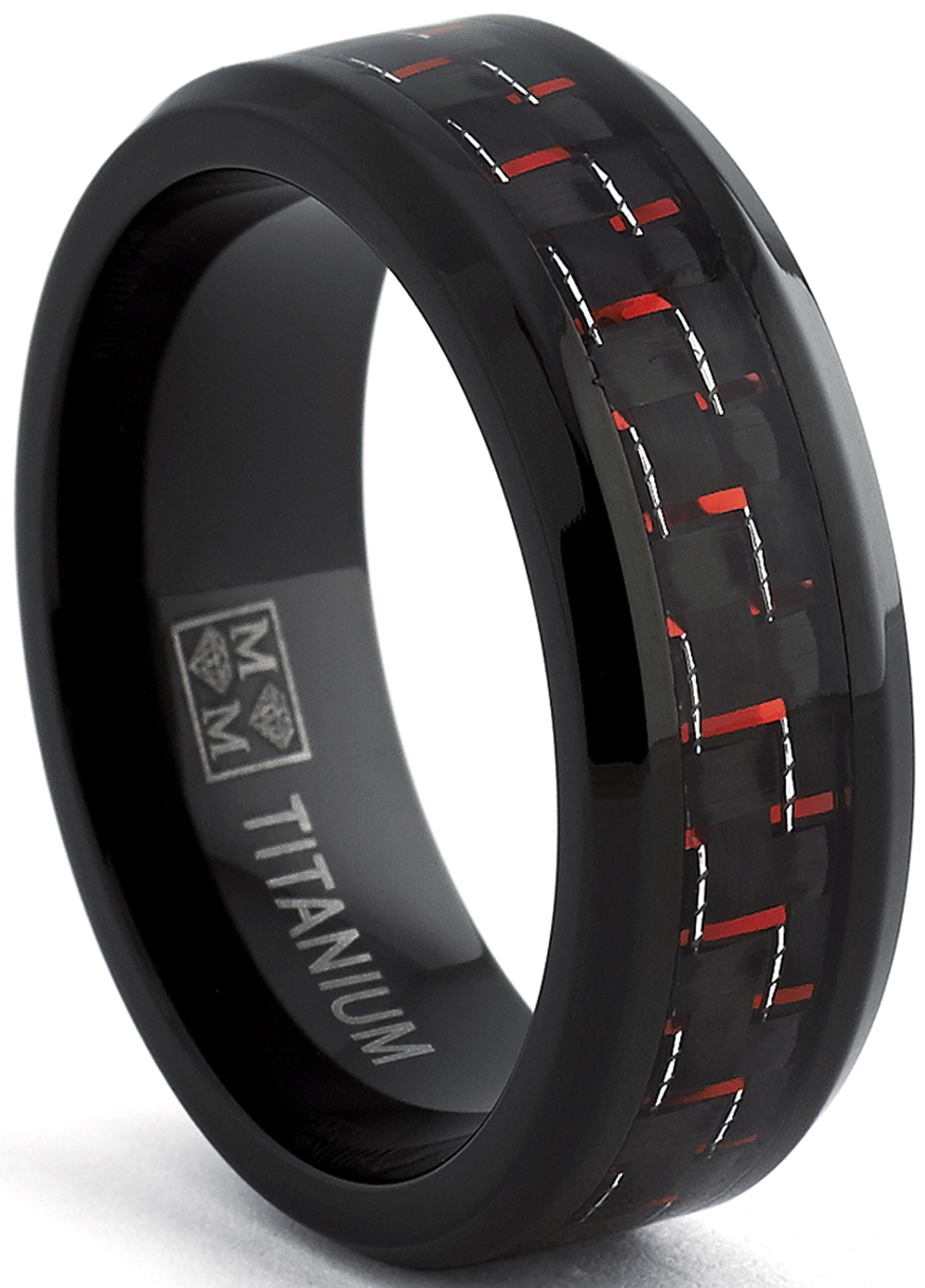 Metal Masters Co. Men's Black Titanium Wedding Band Ring with Black and Red Carbon Fiber inlay, Comfort fit 8mm, Sizes 7 to 13