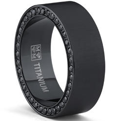 Metal Masters Co. Black Titanium Men's Brushed Wedding Band Ring with Black Cubic Zirconia,Pave Set Eternity Ring
