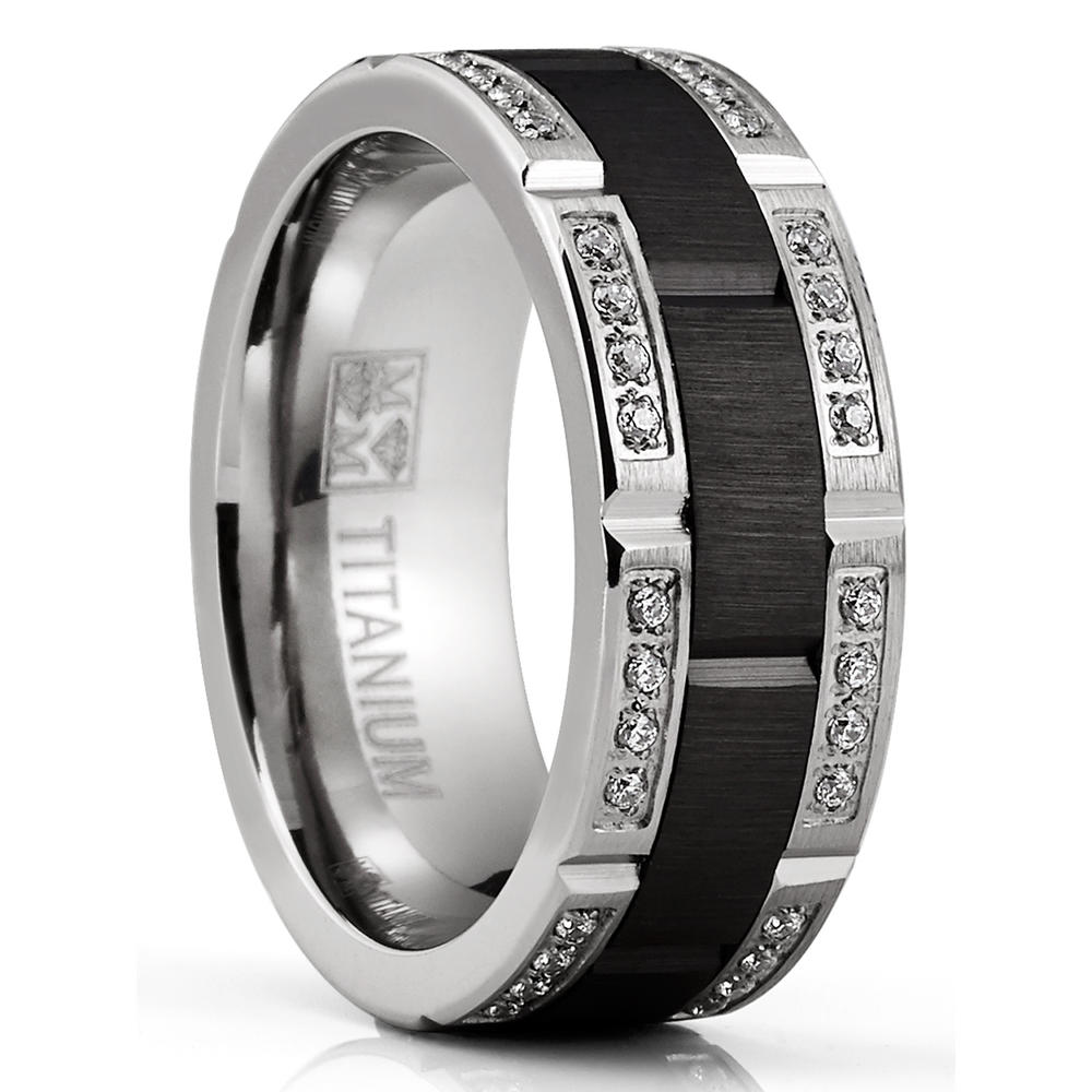 Metal Masters Co. Men's Titanium Ring Two-Tone Wedding Band Round-Cut Cubic Zirconia Black Silver 8MM