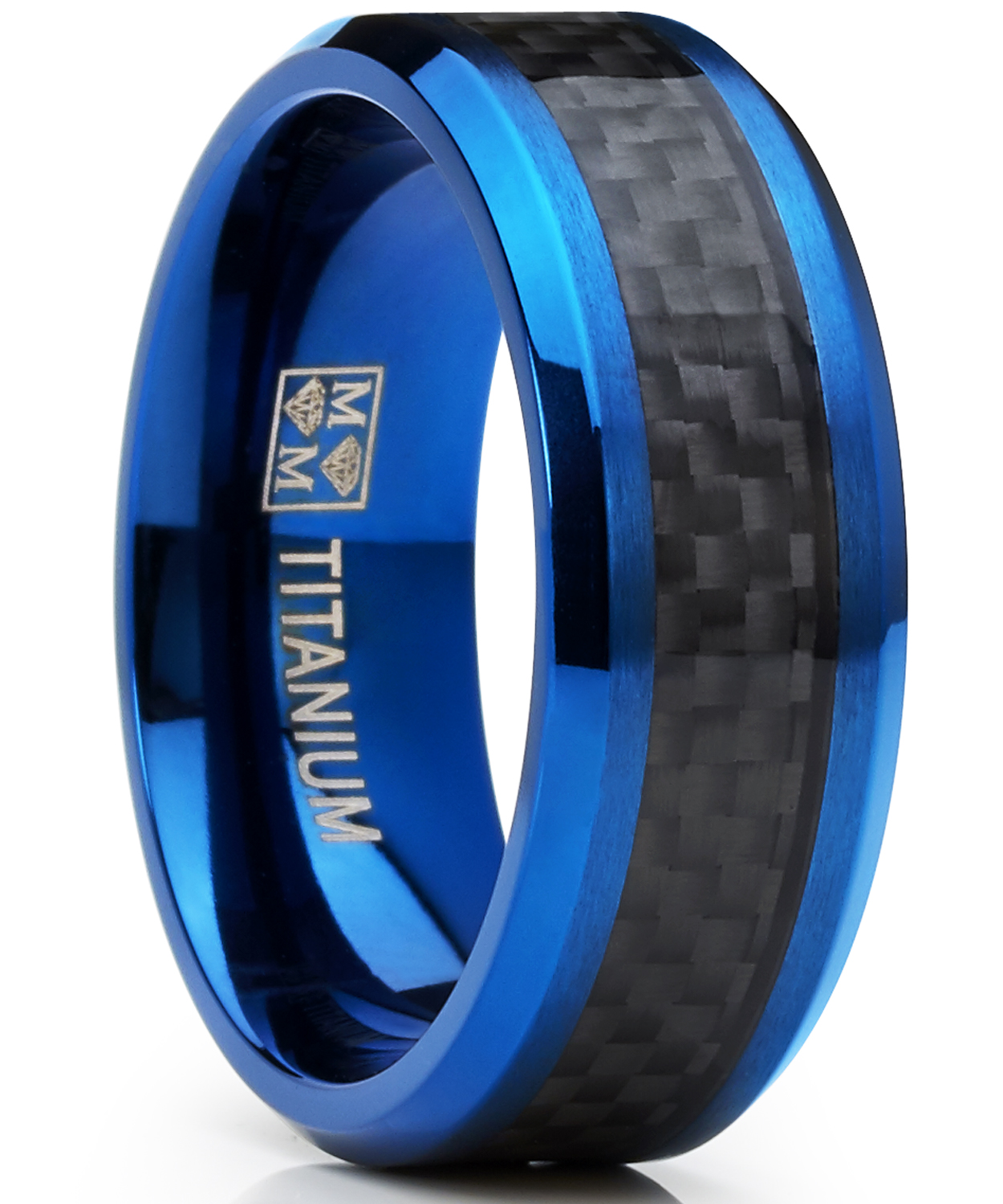 Metal Masters Co. Men's Titanium Wedding Band, Engagement Ring, Blue Ion Plating and Black Cardon Fiber Inlay 8-13