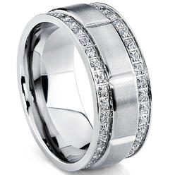 Metal Masters Co. Men's Titanium Wedding Band Ring with Double Row Cubic Zirconia, Comfort Fit Sizes, 9MM  8 to 12
