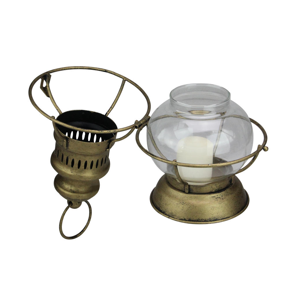 RAZ 10” Golden Antique Style Weathered Glass Christmas Candle Lantern