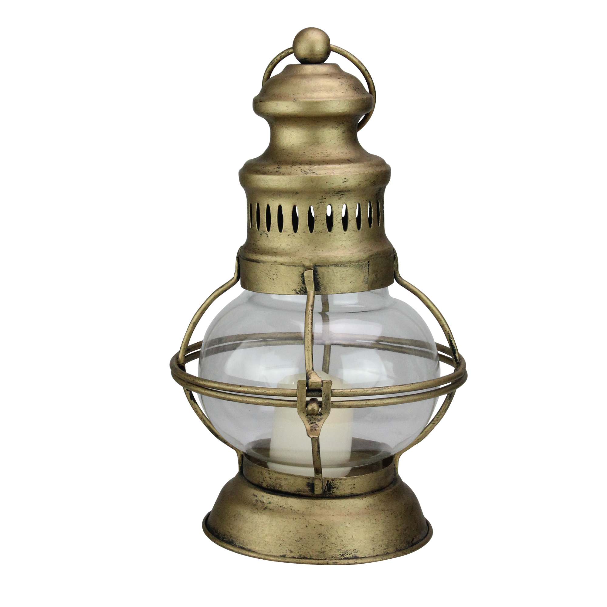 RAZ 10” Golden Antique Style Weathered Glass Christmas Candle Lantern