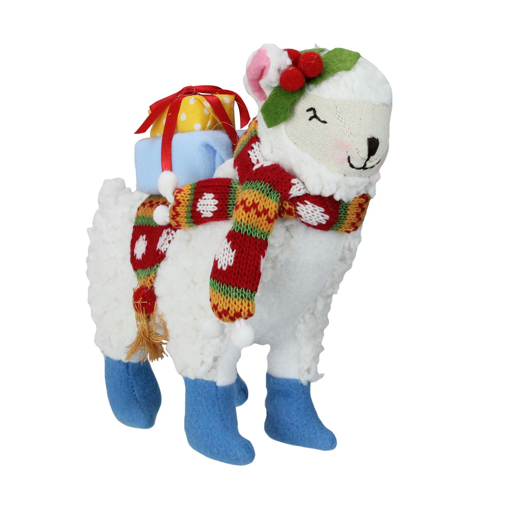 RAZ 8.5" White and Blue Plush Llama with Holly Plant Christmas Tabletop Figure