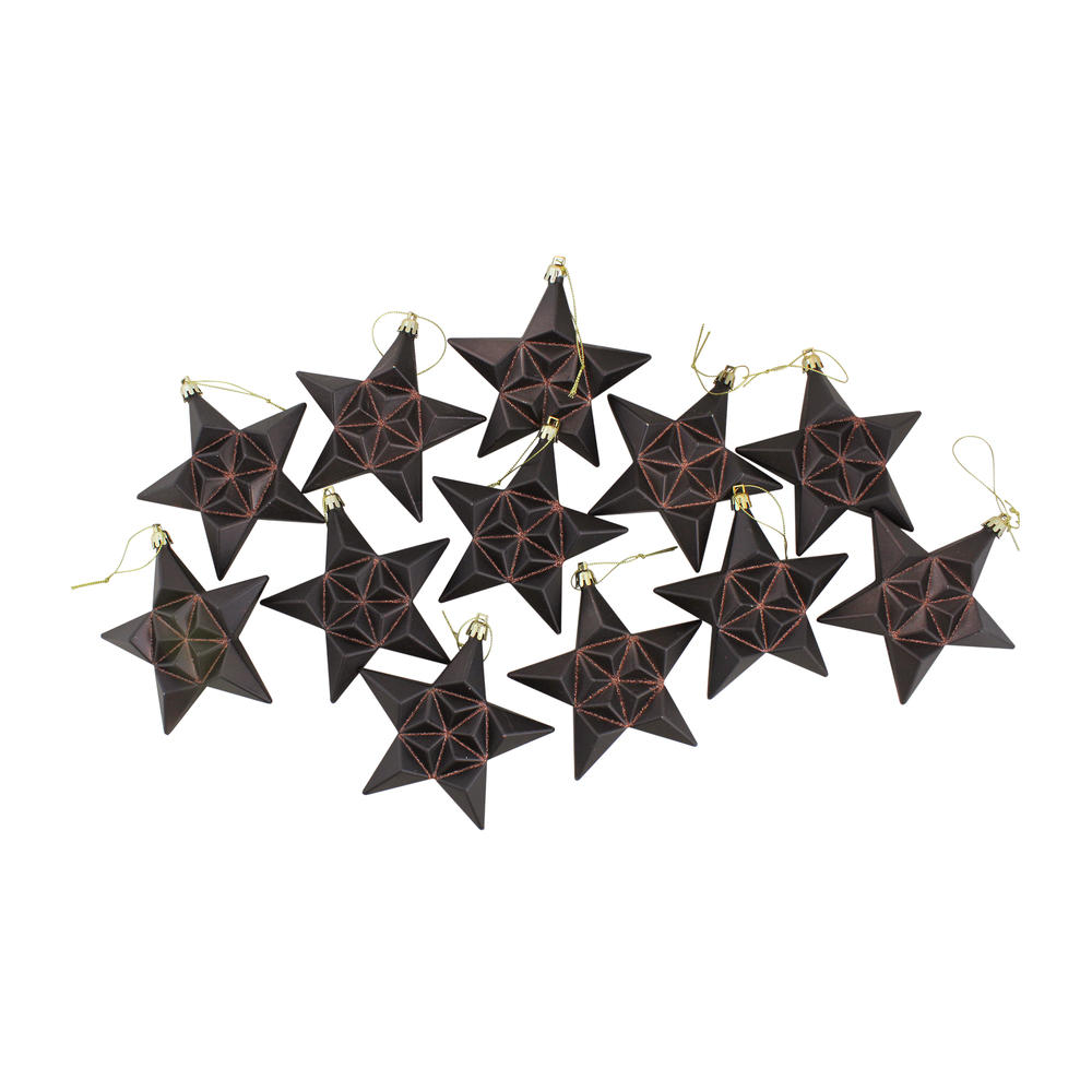 DAK 12ct Matte Chocolate Brown Glittered Star Shatterproof Christmas Ornaments 5"