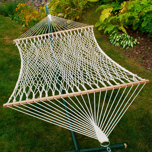 The Hamptons Collection 13' White Macrame Netted Hammock with Wooden Bars