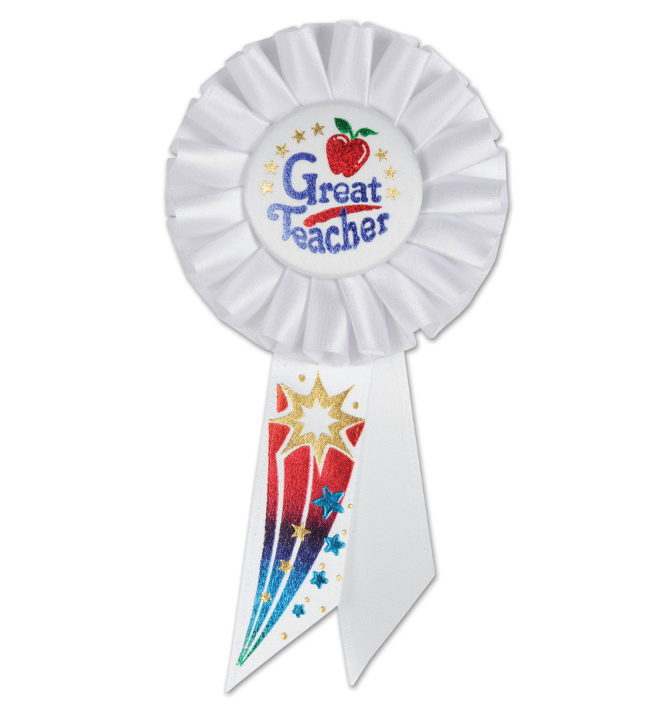 Beistle Pack of 6 White and Red "Great Teacher" Back to School Celebration Rosette Ribbons 6.5"