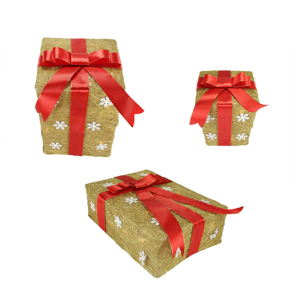 Northlight Set of 3 Pre-Lit Gold and Red Snowflake Gift Box Outdoor Christmas Yard Art Decor 13"