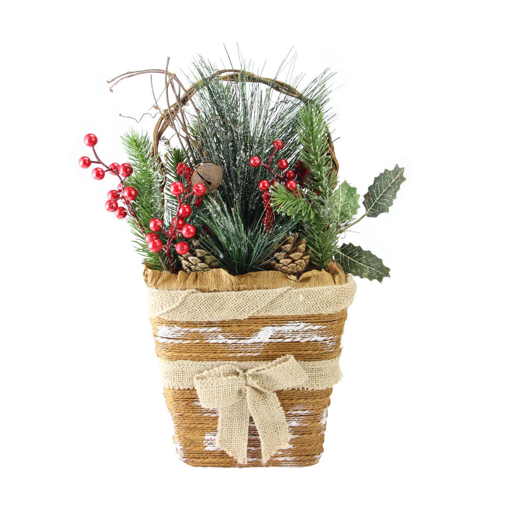 Northlight 13.5" Brown and Green Frosted Pine Cones Artificial Christmas Basket