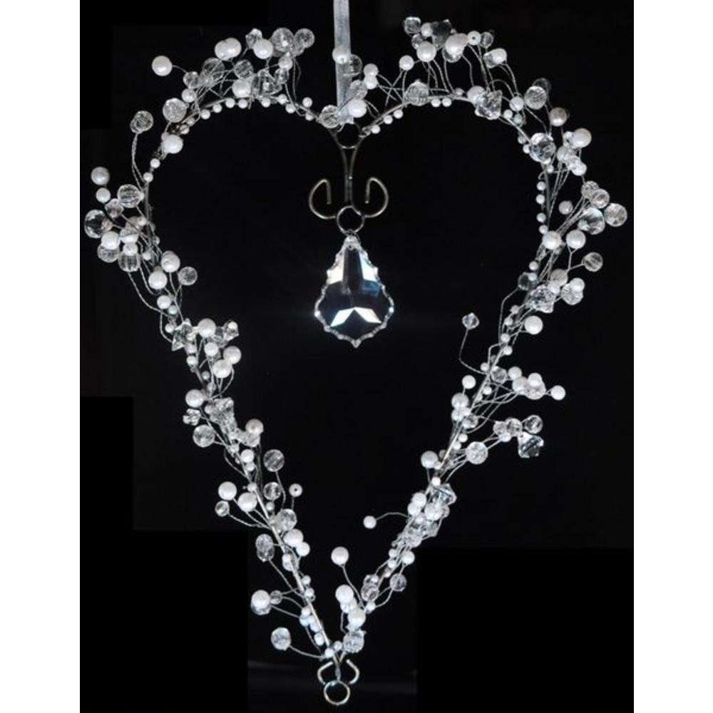 Crafted Creations Set of 2 Clear and White Beaded Heart Hanging Crystal 11"
