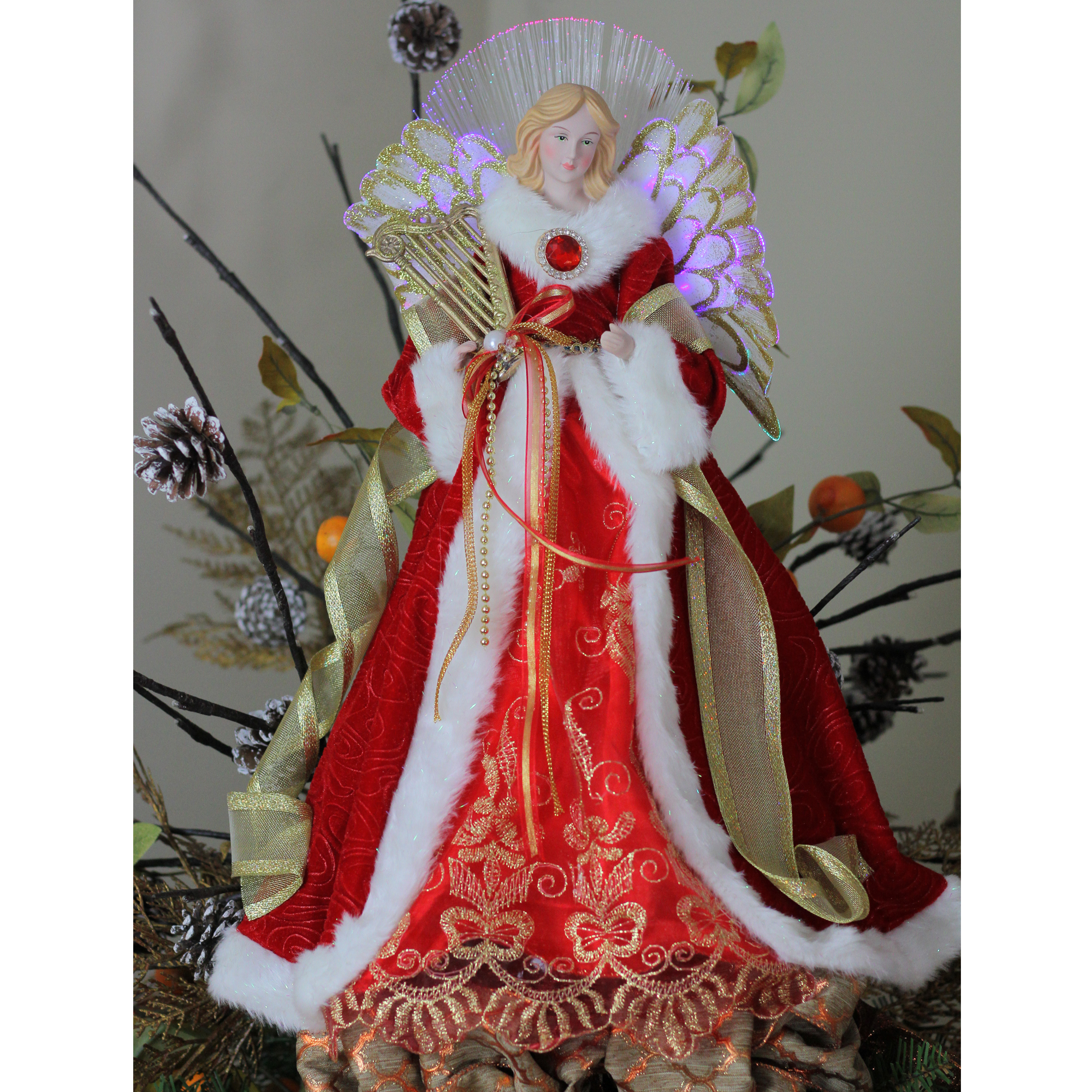 Northlight 16 Lighted Fiber Optic Angel In Garnet Red Coat With Harp Christmas Tree Topper Red Christmas Angel Tree Topper