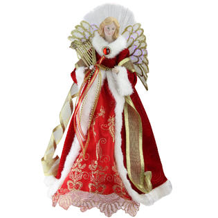 Northlight 16 Lighted Fiber Optic Angel In Garnet Red Coat With Harp Christmas Tree Topper Fiber Optic Angel Christmas Tree Topper