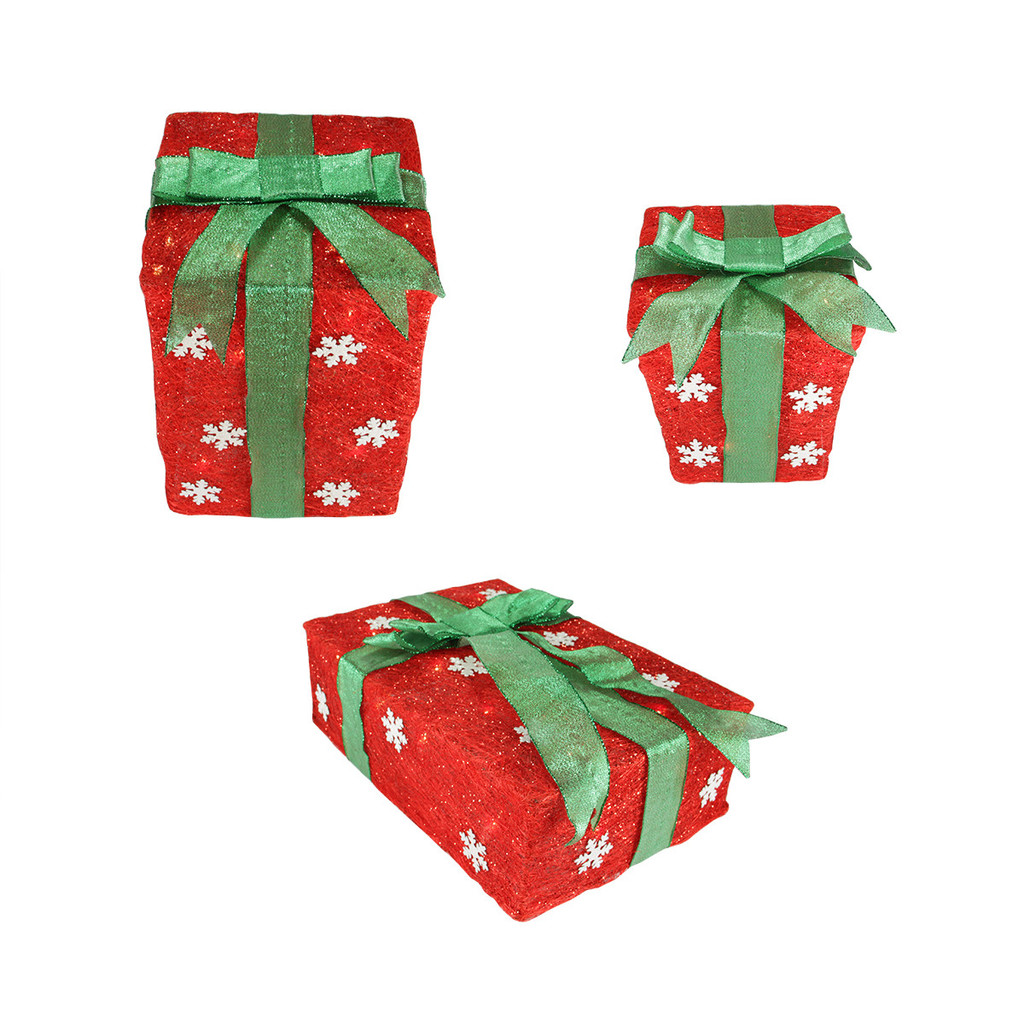 Northlight Set of 3 Lighted Red with Green Bows and Snowflakes Gift Boxes Outdoor Christmas Decorations 13"