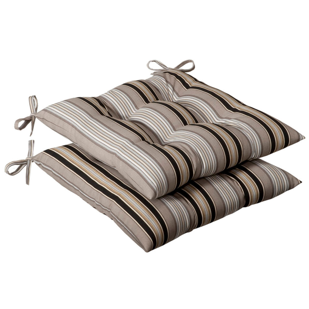 CC Home Furnishings Set of 2 Outdoor Patio Tufted Chair Seat Cushions - Black & Tan Striped Voyage