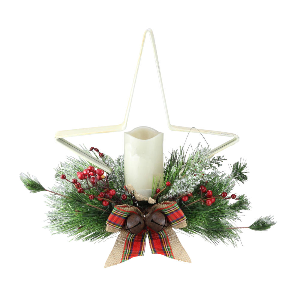 Gerson 15" Battery Operated White and Green Christmas Star Candle Holder