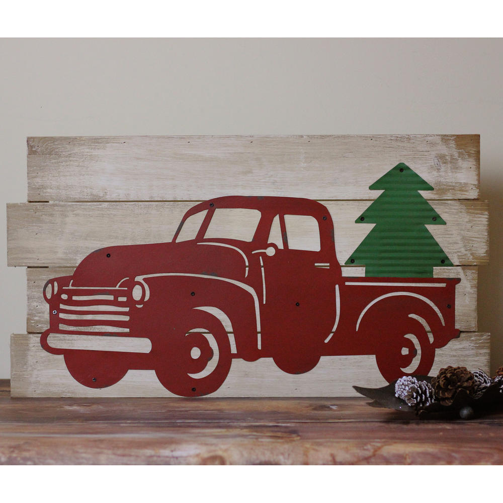 RAZ 28" Rustic Wood and Metal Red Truck Carrying Tree Wall Art