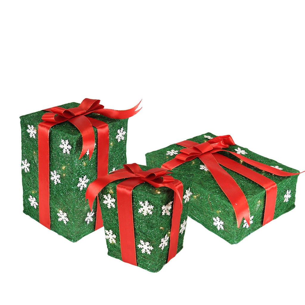 Northlight Set of 3 Green and Snowflake Sisal Gift Boxes Lighted Christmas Outdoor Decorations