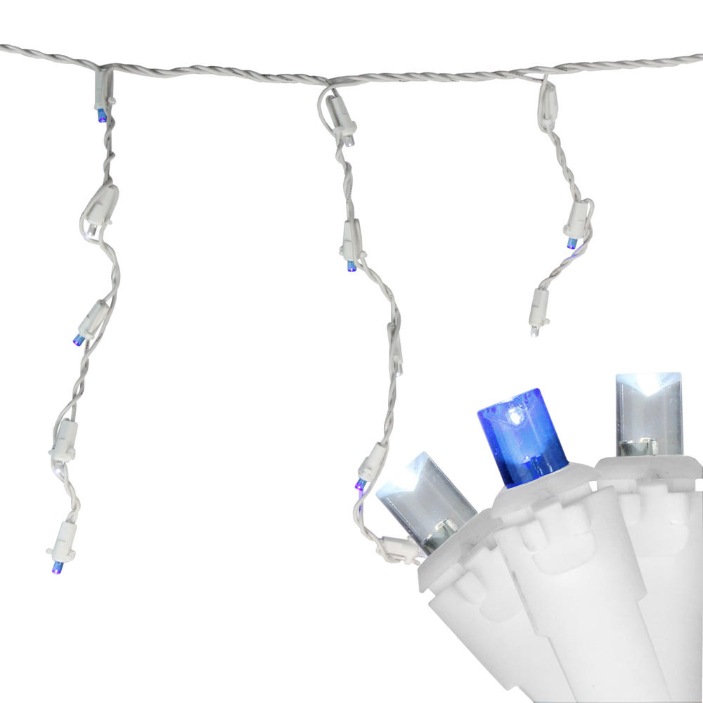 Northlight 100ct Blue and Pure White LED Wide Angle Icicle Christmas Lights, 5.5 ft White Wire