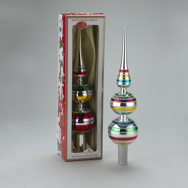KSa Set of 6 Retro Color-Striped Glass Finial Christmas Tree Toppers 13"