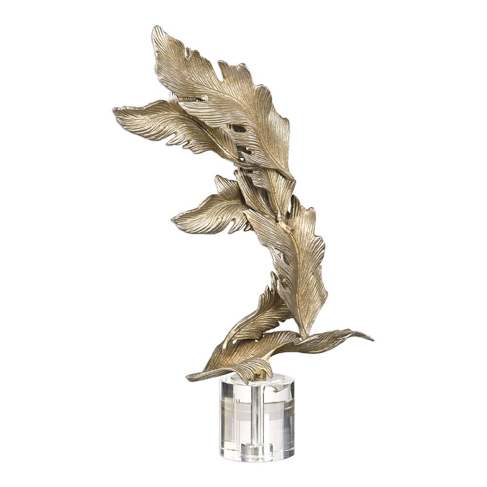 Contemporary Home Living 26.5” Champagne Silver Falling Leaves Statue on a Crystal Base