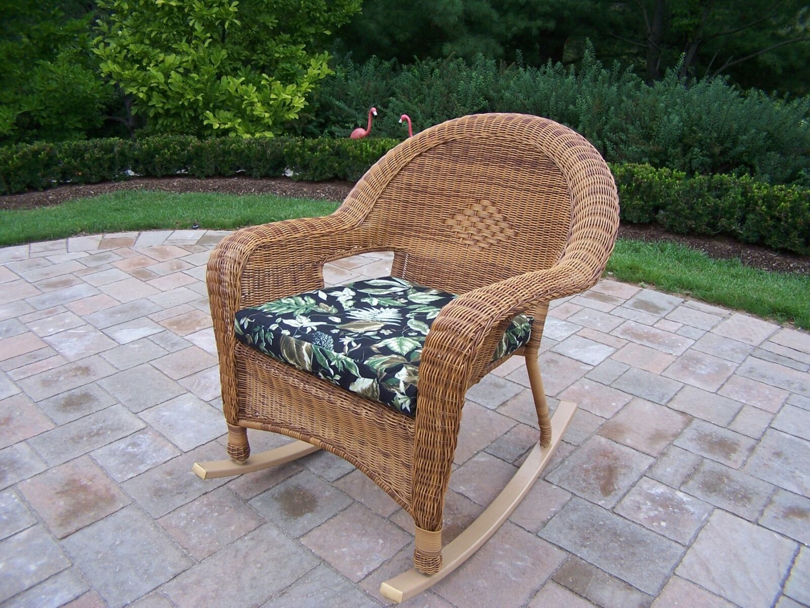 Outdoor Living and Style Pack of 2 Brown Outdoor Patio Resin Wicker Rocking Chairs - Navy Blue Cushions