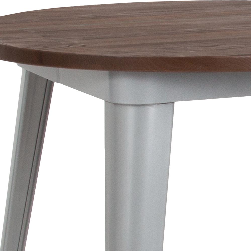 Flash Furniture 30.50'' Silver and Brown Round Metal Indoor Table with Walnut Rustic Wood Top