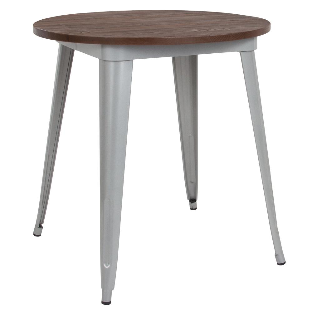 Flash Furniture 30.50'' Silver and Brown Round Metal Indoor Table with Walnut Rustic Wood Top